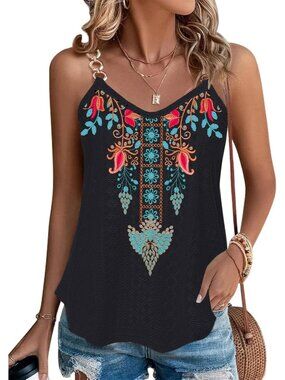 Women's Black Tank Tops Eyelet Sleeveless Spaghetti Strap Sexy Loose Fit Summer